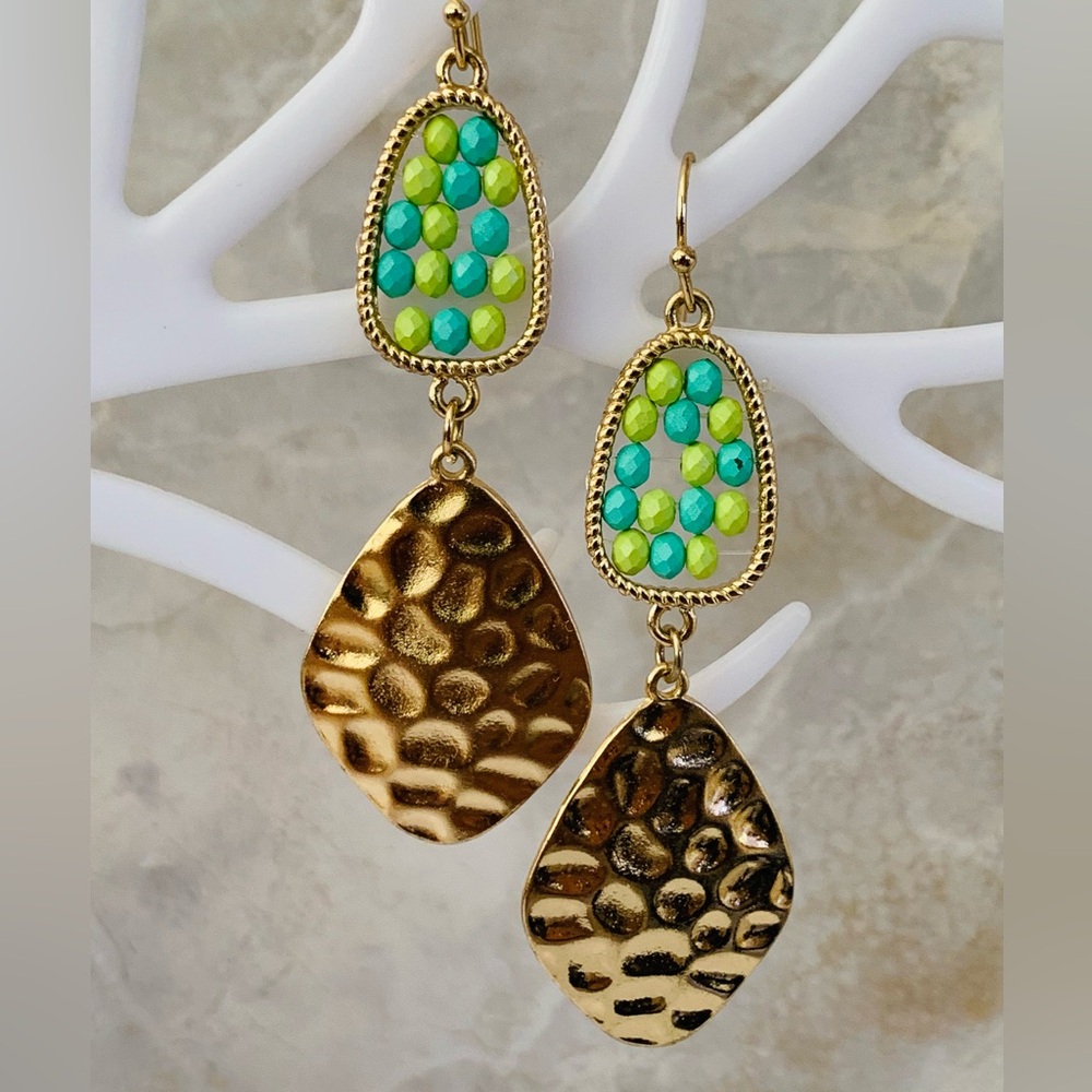 Hammered Metal Golden Dangle Earrings - Picture 2 of 4